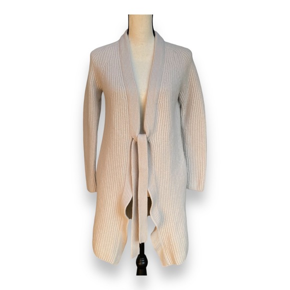 Vince Sweaters - Vince Wool Cashmere Ribbed Longline Tie Front Cardigan Sweater Oatmeal Beige M